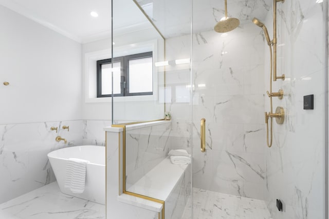 1834 N Hudson Ave Unit 2, Chicago, IL 60614 - bathroom featuring a marble finish shower, a freestanding tub, marble finish flooring, and tile walls