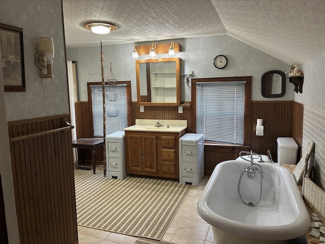 115 N Clay St, Mount Carroll, IL 61053 - bathroom featuring a textured ceiling, vaulted ceiling, a wainscoted wall, vanity, and a soaking tub