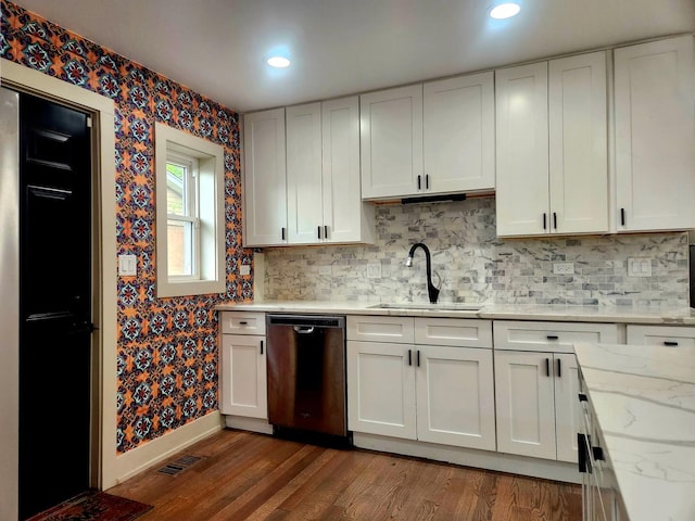 3601 W 123rd Pl, Alsip, IL 60803 - kitchen featuring dishwasher, a sink, dark wood-style floors, white cabinets, and backsplash
