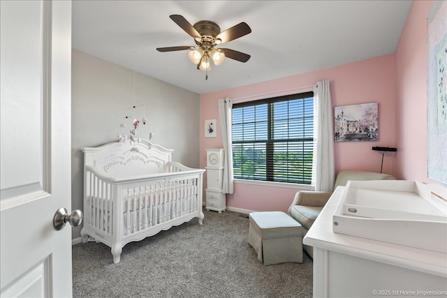 25734 Galway Ave, Plainfield, IL 60585 - carpeted bedroom featuring multiple windows, a nursery area, baseboards, and ceiling fan