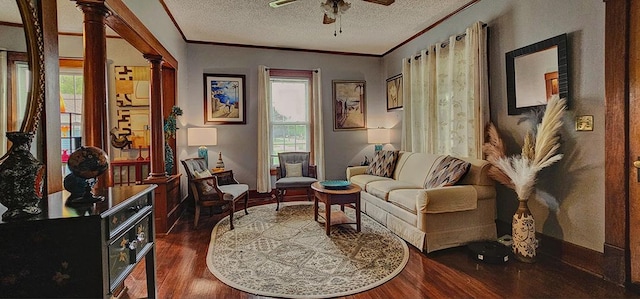 515 E Main St E, Amboy, IL 61310 - living area with wood finished floors, decorative columns, a textured ceiling, a ceiling fan, and ornamental molding
