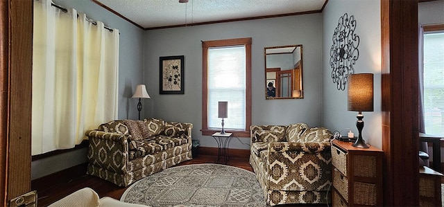 515 E Main St E, Amboy, IL 61310 - living area featuring wood finished floors, crown molding, plenty of natural light, baseboards, and a textured ceiling