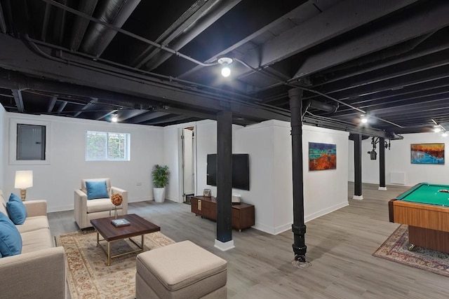 8307 S Morgan St, Chicago, IL 60620 - basement featuring wood finished floors, baseboards, billiards, and electric panel