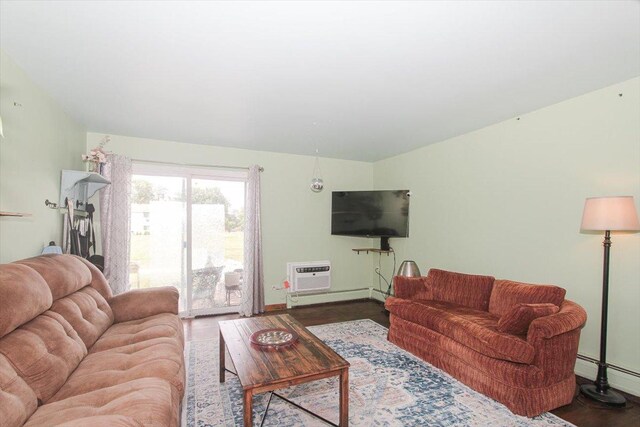 9204 Bumble Bee Dr Unit 1H, Des Plaines, IL 60016 - living area featuring wood finished floors, a wall mounted AC, baseboards, and a baseboard heating unit