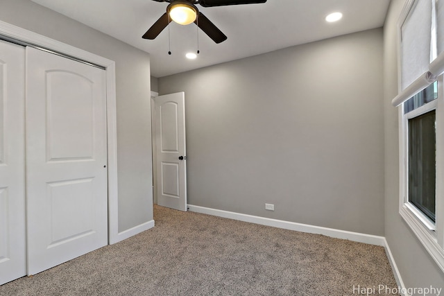 2610 S Thomas Ct, Mchenry, IL 60051 - unfurnished bedroom with carpet flooring, baseboards, recessed lighting, a closet, and a ceiling fan