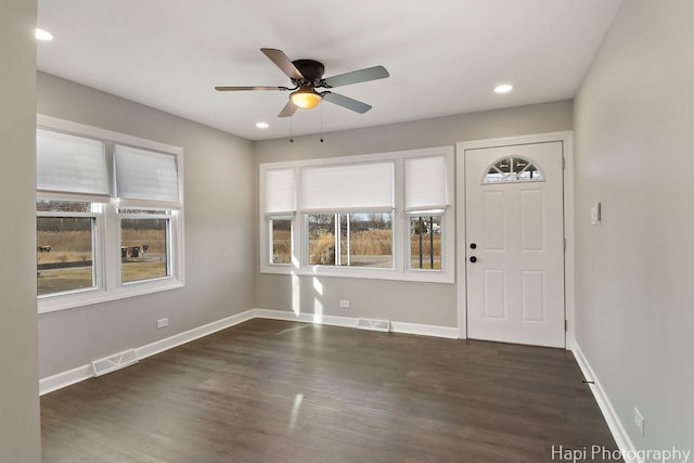 2610 S Thomas Ct, Mchenry, IL 60051 - entrance foyer featuring a ceiling fan, dark wood-type flooring, baseboards, and recessed lighting
