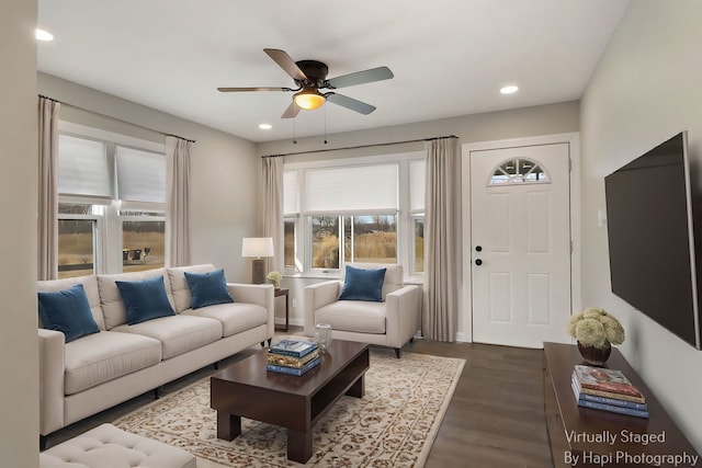 2610 S Thomas Ct, Mchenry, IL 60051 - living area with ceiling fan, dark wood-type flooring, and recessed lighting