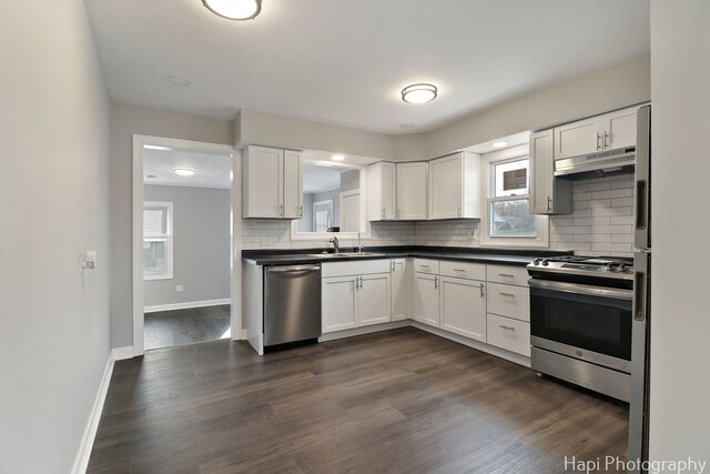 2610 S Thomas Ct, Mchenry, IL 60051 - kitchen with stainless steel appliances, under cabinet range hood, tasteful backsplash, white cabinetry, and dark countertops