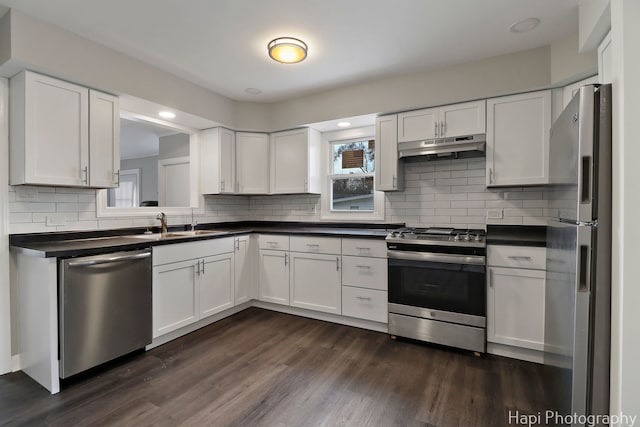 2610 S Thomas Ct, Mchenry, IL 60051 - kitchen featuring stainless steel appliances, under cabinet range hood, dark countertops, white cabinetry, and recessed lighting