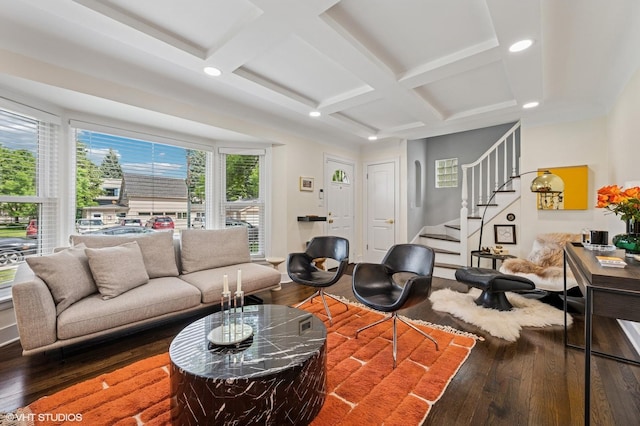 5146 N Mobile Ave, Chicago, IL 60630 - living area with coffered ceiling, wood finished floors, recessed lighting, stairs, and beam ceiling
