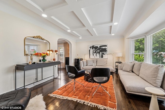 5146 N Mobile Ave, Chicago, IL 60630 - living room with coffered ceiling, arched walkways, recessed lighting, beamed ceiling, and wood finished floors