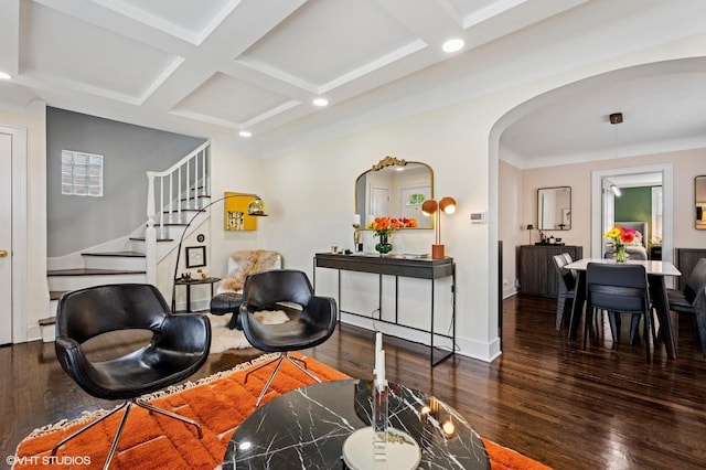 5146 N Mobile Ave, Chicago, IL 60630 - sitting room featuring arched walkways, hardwood / wood-style floors, coffered ceiling, beam ceiling, and stairway
