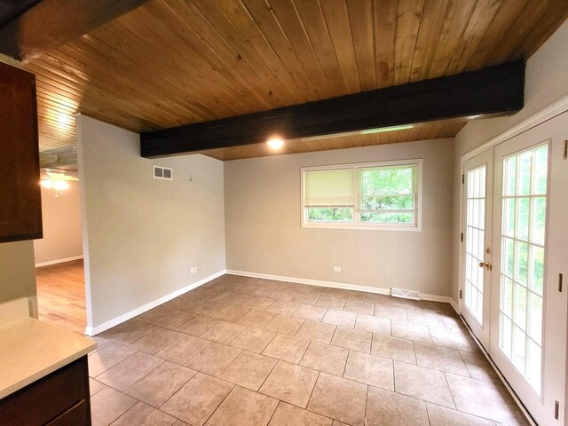 2913 Balmoral Cres, Flossmoor, IL 60422 - kitchen featuring fridge with ice dispenser, range with gas stovetop, a wood ceiling with exposed beams, light countertops, and stainless steel microwave