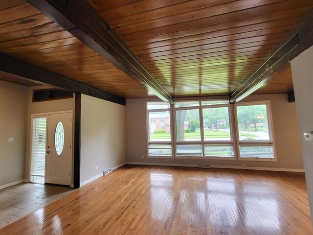 2913 Balmoral Cres, Flossmoor, IL 60422 - unfurnished room featuring a wooden ceiling with exposed beams, wood finished floors, and stairway