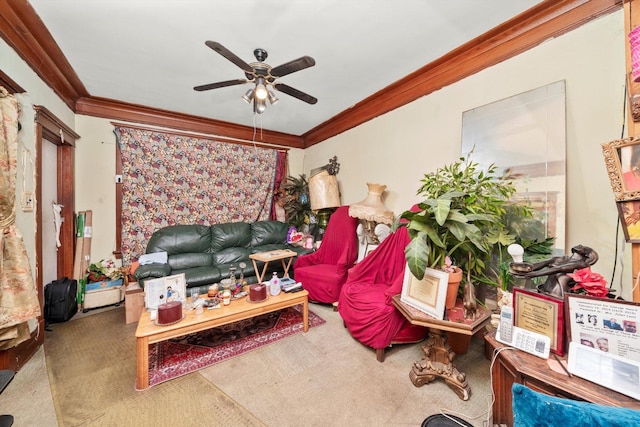 6108 S Honore St, Chicago, IL 60636 - carpeted living area with ornamental molding and a ceiling fan