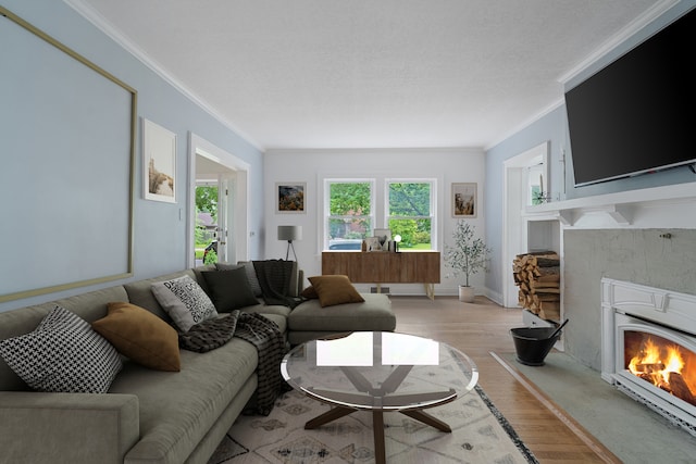 915 E Duane Blvd, Kankakee, IL 60901 - living room featuring a warm lit fireplace, light wood-style floors, and ornamental molding