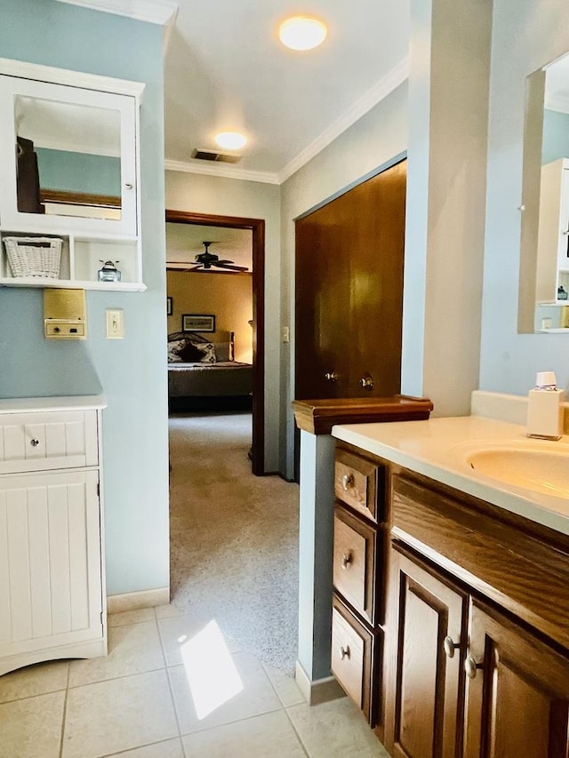 17581 W Summit Dr, Grayslake, IL 60030 - bathroom featuring ornamental molding, ceiling fan, vanity, and tile patterned floors