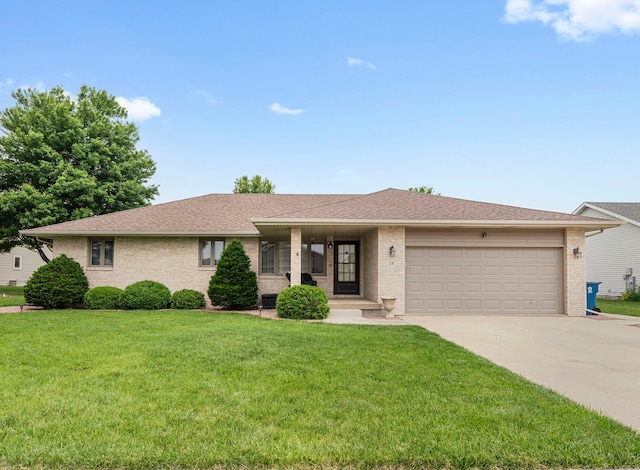 28 Old Farm S Ct, Bradley, IL 60915 - ranch-style home with a garage, concrete driveway, a front yard, and brick siding