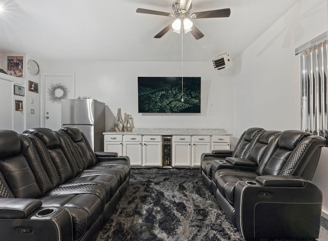 28 Old Farm S Ct, Bradley, IL 60915 - living room with dark carpet, a ceiling fan, and wine cooler