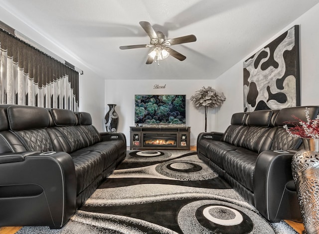 28 Old Farm S Ct, Bradley, IL 60915 - living room featuring a ceiling fan and a glass covered fireplace