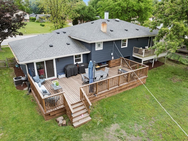 6130 Belmont Rd, Downers Grove, IL 60516 - back of property featuring roof with shingles, a wooden deck, a chimney, cooling unit, and an outdoor living space