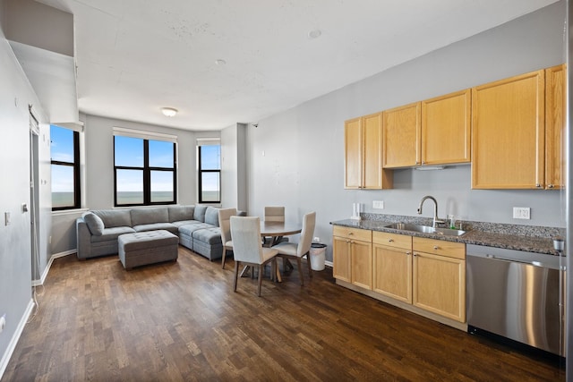 1464 S Michigan Ave Unit 2203, Chicago, IL 60605 - kitchen featuring dishwasher, a sink, light brown cabinetry, dark wood-style flooring, and baseboards