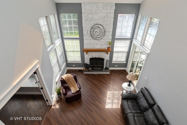 1544 Birmingham Ln, Crystal Lake, IL 60014 - living area with wood finished floors, baseboards, a stone fireplace, and a towering ceiling