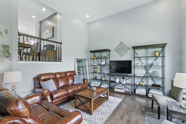 337 Bennett Dr, Carol Stream, IL 60188 - living area featuring wood finished floors, a towering ceiling, and recessed lighting