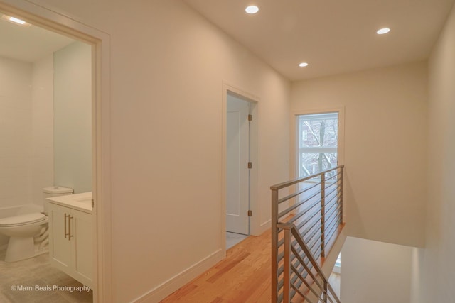 6123 S Ellis Ave, Chicago, IL 60637 - hall featuring an upstairs landing, recessed lighting, light wood-style floors, and baseboards
