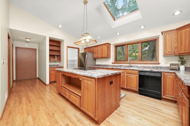 9316 Pine Needle Pass, Bull Valley, IL 60097 - kitchen featuring open shelves, black dishwasher, a kitchen island, freestanding refrigerator, and recessed lighting