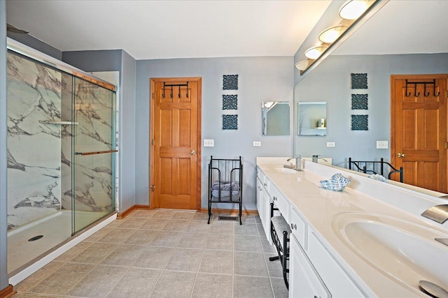 1839 Kings Gate Ln, Crystal Lake, IL 60014 - bathroom with double vanity, a marble finish shower, baseboards, and tile patterned flooring