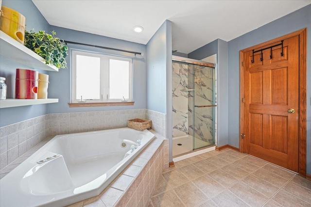 1839 Kings Gate Ln, Crystal Lake, IL 60014 - bathroom featuring a jetted tub, a marble finish shower, tile patterned floors, and baseboards