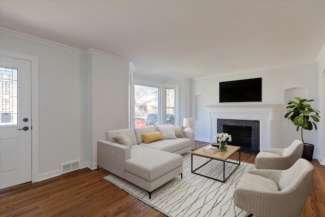 7241 N Kilpatrick Ave, Lincolnwood, IL 60712 - living room with wood finished floors, crown molding, a fireplace with flush hearth, and baseboards