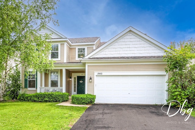 1943 Lily Ln, Round Lake, IL 60073 - traditional-style house featuring asphalt driveway, covered porch, a front yard, an attached garage, and roof with shingles