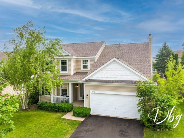 1943 Lily Ln, Round Lake, IL 60073 - view of front of house with a porch, asphalt driveway, an attached garage, a front lawn, and roof with shingles