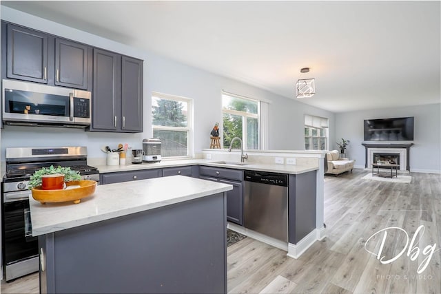 1943 Lily Ln, Round Lake, IL 60073 - kitchen with stainless steel appliances, light wood-style flooring, a peninsula, and gray cabinetry