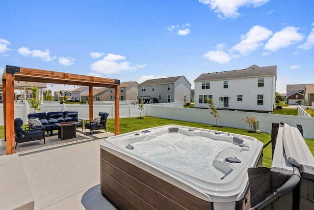 219 Conway St, Elburn, IL 60119 - fenced backyard with a hot tub, an outdoor living space with a fire pit, a residential view, and a patio area
