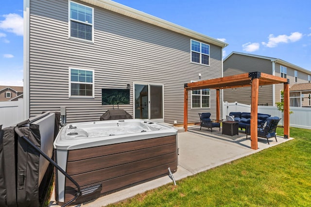 219 Conway St, Elburn, IL 60119 - back of property featuring a hot tub, an outdoor living space, a fenced backyard, and a patio