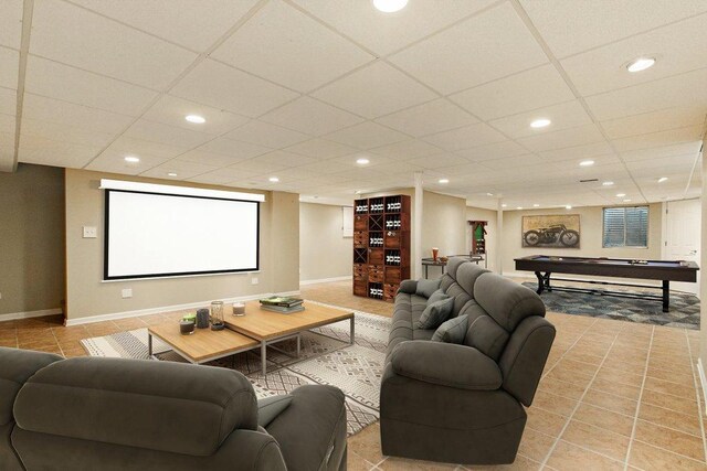 1650 Chauser Ln, Woodridge, IL 60517 - tiled home theater room featuring pool table, baseboards, recessed lighting, and a drop ceiling