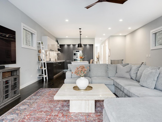 1229 N Cleaver St Unit 1, Chicago, IL 60642 - living area featuring dark wood-style flooring, recessed lighting, and a ceiling fan