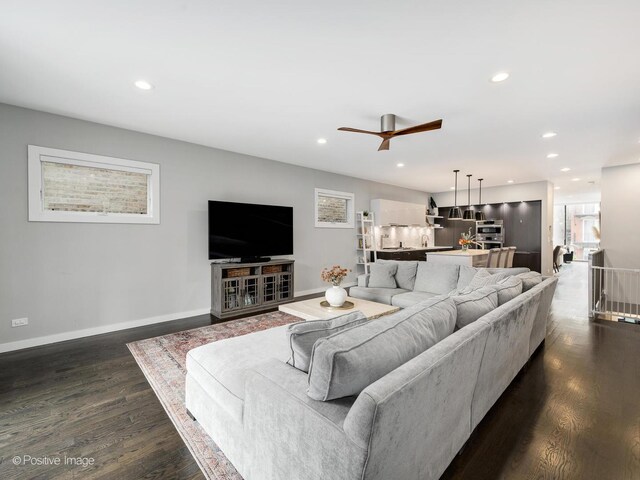1229 N Cleaver St Unit 1, Chicago, IL 60642 - living room featuring recessed lighting, dark wood finished floors, and a ceiling fan