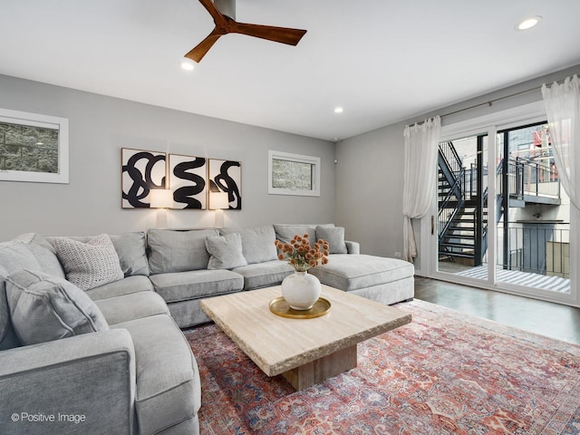 1229 N Cleaver St Unit 1, Chicago, IL 60642 - living area featuring healthy amount of natural light, a ceiling fan, wood finished floors, recessed lighting, and stairway