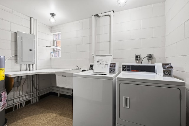 5332 N Delphia Ave Unit 108, Chicago, IL 60656 - laundry room featuring independent washer and dryer, electric panel, a sink, concrete block wall, and dark floors
