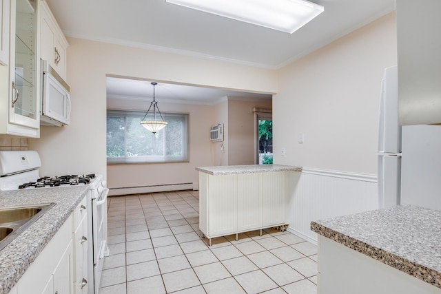 43 N Main St Unit 12, Glen Ellyn, IL 60137 - kitchen featuring a baseboard radiator, white appliances, white cabinets, light tile patterned floors, and a wainscoted wall