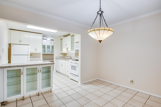 43 N Main St Unit 12, Glen Ellyn, IL 60137 - kitchen with white appliances, a sink, ornamental molding, white cabinets, and glass insert cabinets