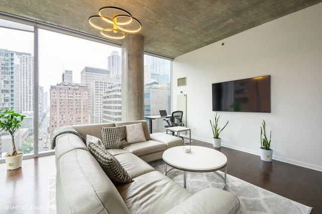 600 N Fairbanks Ct Unit 1707, Chicago, IL 60611 - living room with floor to ceiling windows, a view of city, wood finished floors, and baseboards