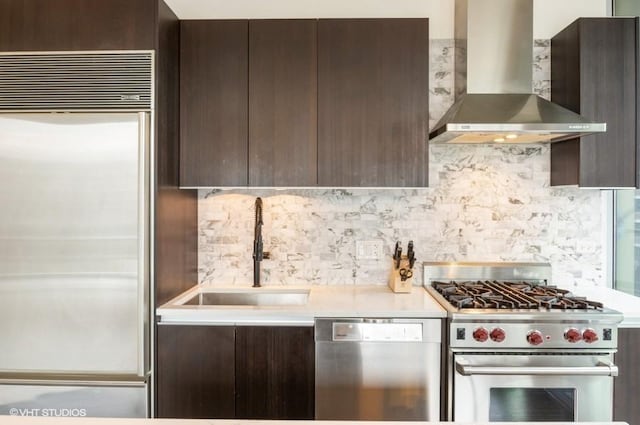 600 N Fairbanks Ct Unit 1707, Chicago, IL 60611 - kitchen with wall chimney range hood, premium appliances, dark brown cabinetry, a sink, and modern cabinets