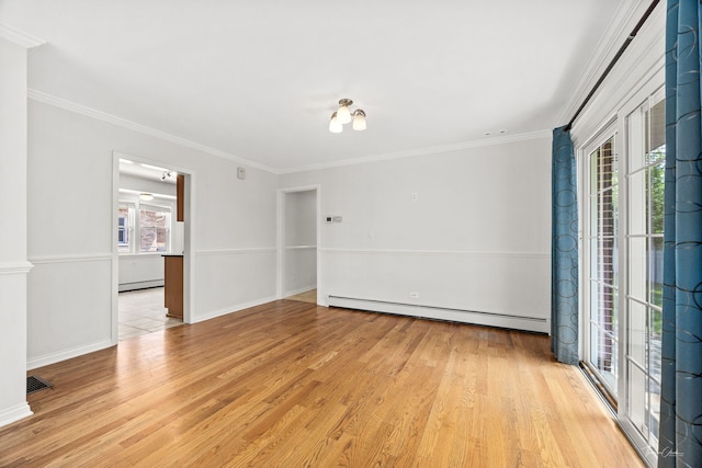 805 N Delphia Ave, Park Ridge, IL 60068 - unfurnished room featuring a baseboard radiator, baseboard heating, light wood finished floors, crown molding, and baseboards
