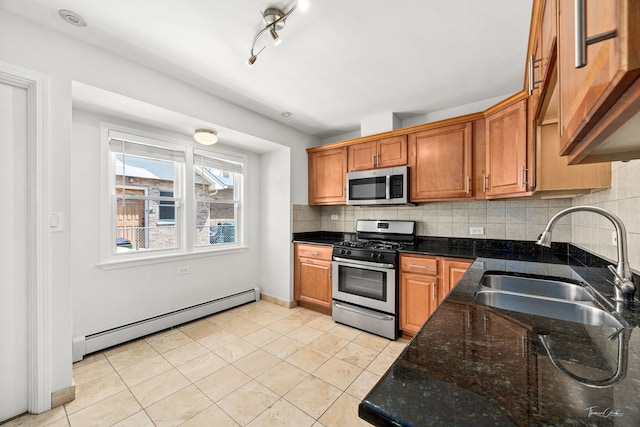 805 N Delphia Ave, Park Ridge, IL 60068 - kitchen featuring stainless steel appliances, a sink, a baseboard heating unit, decorative backsplash, and brown cabinetry