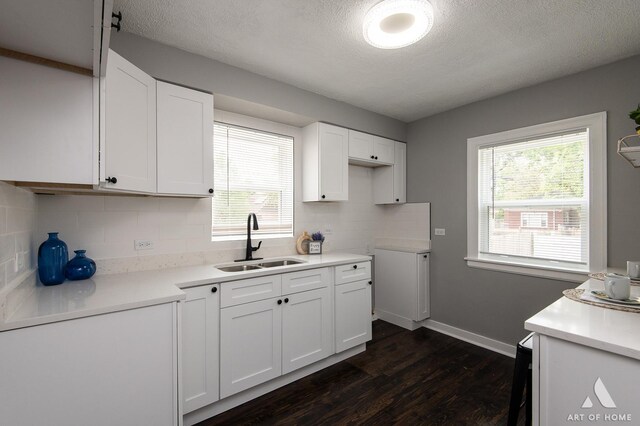 12480 S Wabash Ave, Chicago, IL 60628 - kitchen with a sink, dark wood-style flooring, a textured ceiling, white cabinetry, and tasteful backsplash